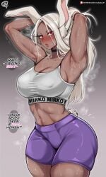 1girls almualim armpits arms_up booty_shorts breasts brown_hair brown_skin dark-skinned_female dark_skin female hi_res long_hair miruko my_hero_academia purple_shorts rabbit_ears red_eyes rumi_usagiyama short_shorts shorts sports_bra sportswear sweat sweaty_body white_hair