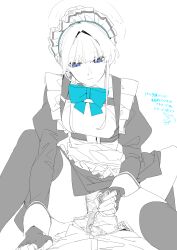 1boy 1girl 1girls absurdres apron asimo_(hakurei10201) black_thighhighs blue_archive blue_bow blue_eyes bow cleaning_&_clearing_(blue_archive) female gloved_handjob halo handjob highres maid maid_apron millennium_science_school_student monochrome small_breasts small_penis straddling straight thighhighs toki_(blue_archive) white_background