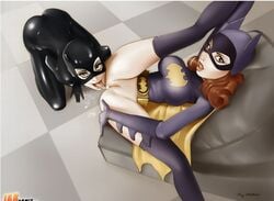 2girls all_fours amy_matthews anilingus barbara_gordon batgirl batman_(series) belt bodysuit bottomless breasts brown_eyes cape catwoman chair clothed dc dc_comics female female_only from_above green_eyes hair human indoors jab kneeling large_breasts latex leg_lift long_hair looking_at_viewer looking_up mask milk multiple_females multiple_girls nipples open_mouth oral orange_hair pussy rimjob rimming shiny shiny_clothes skin_tight spread_eagle spread_legs tongue tongue_out yuri