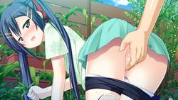 all_fours bike_shorts black_hair blush chiccha_love_apart female fingering galette game_cg gardening green_eyes looking_back massan001 panties pikazo plants pussy_juice sakurabashi_takano skirt solo_focus tied_hair twintails usume_shirou