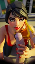 1boy1girl 3d bedroom_eyes big_penis black_hair blush fortnite fortnite:_battle_royale hand_on_head hazel_eyes headhunter_(fortnite) holding_head holding_penis horny horny_female imminent_fellatio imminent_oral kneeling male/female midas_(fortnite) on_knees painted_nails red_lipstick red_nails seductive_look shadow_company straight