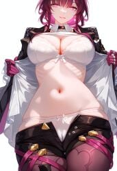 ai_generated belly_button big_breasts bob_cut cameltoe earrings gloves glowing_eyes honkai:_star_rail hoyoverse kafka_(honkai:_star_rail) límíng_zhī_xià lingerie long_hair long_sleeves looking_at_viewer open_clothes open_shirt panties pants_down pants_open pixiv purple_eyes purple_hair shorts slim_waist smiling_at_viewer thick_thighs tied_hair tummy underwear viewed_from_below wide_hips