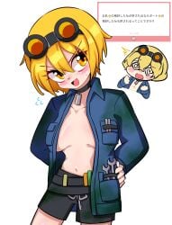 1boy 1girls :d blonde_hair blush cleavage coat dog_tag don_quixote_(limbus_company) goggles limbus_company medium_breasts nervous no_bra project_moon short_hair shorts sinclair_(limbus_company) smile sweat sweatdrop tools yellow_eyes