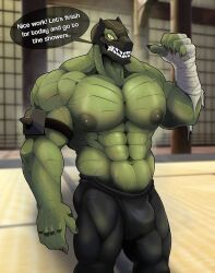 2024 abs anthro balls_outline biceps big_bulge big_muscles bodily_fluids bottomwear bulge claws clothing detailed_background detailed_bulge dialogue dojo english_text front_view genital_outline green_body green_scales hand_wraps inside inviting lizard lizardman male manly mask monotone_body monotone_scales mortal_kombat muscular muscular_anthro muscular_male nipples non-mammal_nipples pants pecs penis_outline portrait reptile reptile_(mortal_kombat) saurian_(mortal_kombat) scales scalie sharp_teeth solo speech_bubble sweat teeth text three-quarter_portrait wraps zaqiizawa