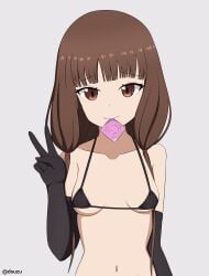 1girls accurate_art_style alternate_version_available armwear bangs belly belly_button bikini black_bikini black_gloves brown_eyes brown_hair closed_mouth collarbone condom dsuzu elbow_gloves eyebrows eyebrows_visible_through_hair eyelashes female female_only gloves hi_res hips iino_miko kaguya-sama_wa_kokurasetai_~tensai-tachi_no_renai_zunousen~ light-skinned_female light_skin long_hair looking_at_viewer micro_bikini midriff navel official_style open_eyes peace_sign shaded simple_background solo solo_female underboob v_sign white_background