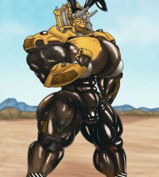 1boy ai_assisted anthro anthro_only breasts bulge bulge_through_clothing bunny_ears dinosaur dinotrux dozer_(dinotrux) dozeratops dreamworks furry gay holding_penis horns hybrid latex latex_bodysuit latex_clothing latex_suit male male_boobs male_breasts male_only muscles muscular muscular_male penis rhynobullraq serious_look solo stare triceratops yellow_body