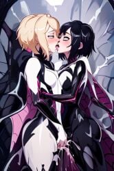 2girls ai_generated bodysuit female female_only gwen_stacy latex marvel multiple_girls peni_parker spider-man_(series) yuri