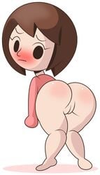 1girls ass blush bottomless brown_eyes brown_hair from_behind looking_at_viewer looking_back mii mob_face nintendo pussy robbonp round_head tagme vagina