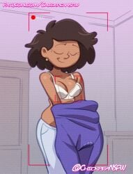 2024 amphibia bra brown_hair chickpea closed_eyes color colored dark-skinned_female disney disney_channel earrings filming milf mrs._boonchuy oum_boonchuy purple_sweater recording smile sweater taking_off_shirt undressing voyeur voyeurism