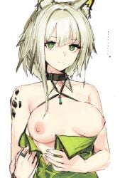 ... animal_ear_fluff animal_ears arknights bare_shoulders black_choker breasts cat_ears cat_girl choker closed_mouth dress dressing female green_dress green_eyes kal'tsit_(arknights) looking_at_viewer medium_breasts nipples oripathy_lesion_(arknights) poppoco_ya simple_background single_sidelock solo upper_body white_background