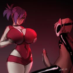 1boy 1girls anonymous_male before_paizuri faceless_male facemask huge_breasts latex masked_male precum size_difference skullgirls valentine_(skullgirls) zdecielo