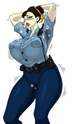 armpits big_breasts blush breasts breath brown_eyes brown_hair chun-li erect_nipples eyeshadow female female_only fully_clothed hand_behind_head highres huge_breasts human looking_at_viewer makeup numahana open_mouth police police_officer police_uniform policewoman simple_background smell solo stain street_fighter street_fighter_v sweat sweat_stain thick_thighs tongue tongue_out uniform walkie-talkie