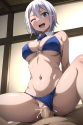 ai_generated big_breasts bikini blue_bikini bow bow_collar cowgirl_position fairy_tail lisanna_strauss looking_down looking_down_at_partner one_eye_closed panties_aside panting riding riding_cock riding_penis sex short_hair white_hair