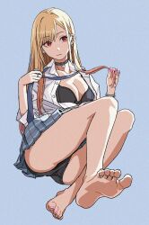 1girls blonde_hair cleavage clothed feet kitagawa_marin long_hair open_shirt panties red_eyes shiren simple_background solo sono_bisque_doll_wa_koi_wo_suru underwear upskirt