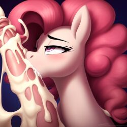 1girls ai_generated cum excessive_cum female_feral feral feral_female feralfucktoy frosting.ai my_little_pony oral pinkie_pie_(mlp) pony