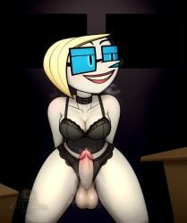 1futa ai_generated balls blonde_hair breasts candide_sampson choker cleavage clone_high futa_only futanari glasses halfaslime hands_behind_back intersex lingerie musk penis precum smile solo solo_futa square_glasses veiny_penis