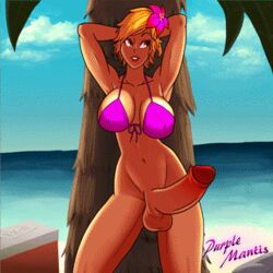 1futa animated ariza armpit arms_behind_head balls beach bikini_top bottomless bouncing_breasts bra breasts cooler dancing dickgirl erect_nipples erection futa_only futanari gif hair hair_flower hair_ornament huge_cock intersex large_breasts navel nipple_bulge outdoors palm_tree penis pink_bra purplemantis red_eyes short_hair smile solo testicles tie-bra tree watermark wide_hips