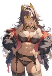 ai_generated belly_button big_breasts blonde_hair blue_eyes blush bra brown_hair dehya_(genshin_impact) earrings furry_ears genshin_impact hoyoverse lingerie lingerie_only long_hair looking_at_viewer necklace open_jacket panties setsuaiart six_pack slim_waist smiling_at_viewer stockings tanned_skin thick_thighs thigh_highs thighhighs two_tone_hair underwear wide_hips