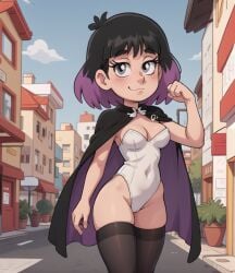 ai_generated ass big_ass big_breasts black_cape black_hair blush blush blushing_at_viewer breasts cape gray_eyes grey_eyes grey_legwear hilda_(series) kaisa_(hilda) leotard looking_at_viewer navel navel_visible_through_clothes pale-skinned_female pale_skin purple_cape purple_hair short_hair smile smiling smiling_at_viewer svtfoe_edition thigh_highs thighhighs thighs two_tone_cape two_tone_hair white_leotard wide_hips