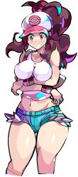 1girls blush breasts brown_eyes brown_hair enpe female female_only hilda_(pokemon) large_breasts looking_at_viewer nintendo pokemon short_shorts shorts solo thighs white_background wide_hips