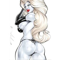 2020 black_panties bubble_ass coffin_comics death_(personification) ed_benes_studio grim_reaper huge_breasts jeferson_lima lady_death latex_bra latex_gloves latex_panties looking_at_viewer looking_back personification red_lipstick signature white_background white_body white_hair white_skin