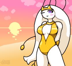 1girl 1girls antennae anthro anthro_pokemon anthrofied arms_behind_back beach big_breasts blue_eyes blush blush_lines blushing blushing_at_viewer blushing_female boobs breasts bug fan_character female female_only gen_7_pokemon generation_7_pokemon gold_swimsuit happy nintendo oc ocean okami_tomato original_character pheromosa pokémon_(species) pokemon pokemon_(species) pokemon_sm purple_eyes sand smile smiling smiling_at_viewer sun sunset swimsuit swimwear thick_thighs thighs verona_(okami_tomato) water white_body white_hair white_skin