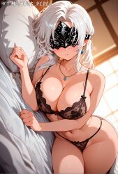 ai_generated bare_shoulders black_bra black_panties blindfold blush bra breasts cleavage collarbone covered_eyes dark_souls dark_souls_3 earrings female fire_keeper indoors jewelry just_pepel large_breasts lingerie long_hair lying mask navel necklace on_bed on_side panties parted_lips patreon_username pillow solo stomach thighs underwear underwear_only white_hair