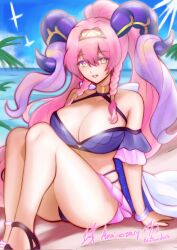 alternate_costume arm_support beach breasts cleavage female female_only fire_emblem fire_emblem_heroes knees_up large_breasts looking_at_viewer mac1girls nerthuz_(fire_emblem) nintendo ocean outdoors purple_bikini purple_swimsuit rotomdocs sandals signature sitting solo swimsuit