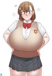 1girl 1girls ai_generated alternate_breast_size angry big_ears blush bow breast_expansion breasts_bigger_than_head brown_eyes brown_hair brown_sweater_vest ekz_(style) emblem female female_only gigantic_breasts heart huge_breasts large_breasts looking_at_viewer massive_breasts medium_hair misaka_mikoto pouting red_bowtie school_emblem school_uniform solo solo_female summer_uniform to_aru_kagaku_no_railgun to_aru_majutsu_no_index tokiwadai_school_uniform