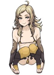 1girls ahoge alternate_breast_size bikini black_bridal_gauntlets blonde_hair breasts bridal_gauntlets female female_only fire_emblem fire_emblem_fates grey_eyes highres long_hair looking_at_viewer micro_bikini nail_polish nintendo ophelia_(fire_emblem) petite pink_nails sidelocks small_breasts solo swept_bangs swimsuit thighhighs toeless_footwear toeless_legwear wabaki white_background yellow_bikini