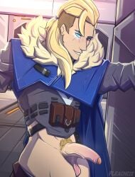 1boy blonde_hair blonde_hair_male blonde_male blue_eyes clothed fleacheze long_hair male male_only masculine pants_down penis pubic_hair riot_games scar_across_eye semi-erect showing_off solo solo_male sova_(valorant) valorant