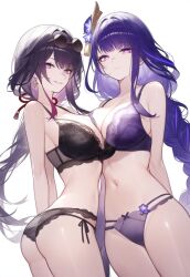 2girls ai_generated ass big_breasts black_bra black_panties bow bow_panties bra braided_hair breast_on_breasts breast_press breast_squeeze breast_squish earrings genshin_impact honkai:_star_rail honkai_(series) hoyoverse kafka_(honkai:_star_rail) lingerie lingerie_only long_hair looking_at_viewer panties purple_bra purple_eyes purple_hair purple_panties raiden_shogun setsuaiart side_view sideboob slim_waist smile smiling_at_viewer thick_thighs three-quarter_view tied_hair wide_hips