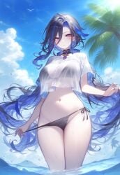 ai_generated beach belly_button big_breasts bikini black_hair blue_hair blush choker clorinde_(genshin_impact) genshin_impact hoyoverse in_water long_hair looking_at_viewer necklace panties_down panties_pull panties_removed purple_eyes seaside see-through see-through_clothing setsuaiart slim_waist thick_thighs two_tone_hair wide_hips