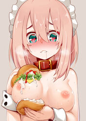 1girls areolae bare_shoulders blue_eyes blush bobomaster boob_burger breast_burger breasts bust collar female food hamburger hamburger_bun heart heart-shaped_pupils lavender_hair long_hair looking_at_viewer maid_headdress medium_breasts nipples original parted_lips saliva solo sweat symbol-shaped_pupils takagi_(tansuke) tears topless wrist_cuffs your_order_is_ready_(meme)