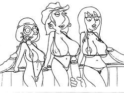 alternate_breast_size bikini breasts cowboy_hat cum cum_on_face family_guy female human jillian_russell-wilcox large_breasts lois_griffin male meg_griffin monochrome penis sbb straight unseen_male_face