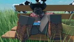 1boy 3d beard cowboy_hat cows daviiblue grass_field legs_apart looking_at_viewer masturbation nervous_expression opening_pussy roblox roblox_avatar robloxian self_upload sitting_down tagme