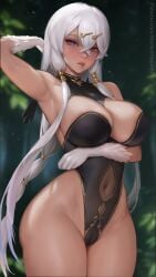 1girls armpits atelier_(series) atelier_ryza big_breasts biting_lip braid breasts cameltoe clothing female female_only hi_res hourglass_figure lila_decyrus long_hair looking_at_viewer meekohopanes purple_eyes red_eyes solo solo_female standing thick_thighs thighs watermark white_hair wide_hips