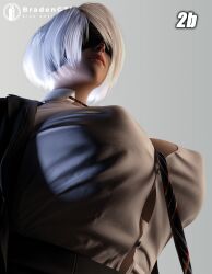 1girls 3d big_breasts blindfold bradengts breasts female female_only huge_breasts light-skinned_female light_skin low-angle_view necktie nier nier:_automata office_clothing office_lady shorts solo tie white_hair yorha_2b