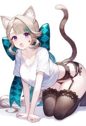 ai_generated ass_out bending_forward bending_over bent_over big_ass big_breasts blonde_hair blush bob_cut face_tattoo furry_ears furry_tail genshin_impact hoyoverse leaning_forward lingerie lynette_(genshin_impact) panties purple_eyes setsuaiart shirt slim_waist stockings teenager thick_thighs thigh_highs thighhighs wide_hips