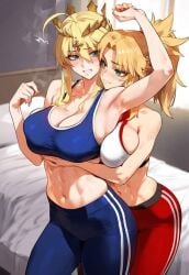 2girls abs ai_generated arm_raised artoria_pendragon artoria_pendragon_(lancer) bedroom blonde_hair blush busty exercise_bra exercise_clothing fate/apocrypha fate/grand_order fate_(series) female female_only fondling fondling_breast french_braid green_eyes grope grope_from_behind gym_clothes gym_clothing gym_uniform incest mordred_(fate) mother_and_child mother_and_child_(lore) mother_and_daughter multiple_girls parent_and_child parent_and_child_(lore) parent_and_daughter_(lore) ponytail pressing_breasts shocked shocked_expression surprised sweating tiara workout_clothes yoga_pants