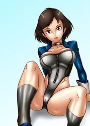 1girls beauty_mark big_breasts bioshock bioshock_infinite breasts cameltoe choker cleavage deadmoon earrings elizabeth_comstock female female_only green_eyes highres leotard looking_at_viewer mole pose shiny shiny_clothes shiny_skin simple_background sitting socks solo solo_female