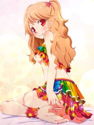 aikatsu! blonde_hair blush bra bra_lift breasts censored female kago_no_tori kagonotori long_hair looking_at_viewer natsuki_mikuru nipples panties panties_around_leg pussy red_eyes sitting sketch smile solo spread_pussy underwear wariza