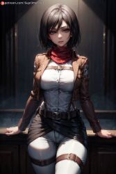 ai_generated attack_on_titan black_hair breasts curvaceous curvy curvy_body curvy_female curvy_figure female looking_at_viewer mikasa_ackerman shingeki_no_kyojin short_hair supr3metr