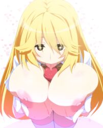 amefuku_ra blonde_hair breasts fellatio female gloves hair human large_breasts licking male nipples oral paizuri shokuhou_misaki straight symbol-shaped_pupils to_aru_kagaku_no_railgun to_aru_majutsu_no_index tongue