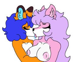 anthro areola bodily_fluids breast_size_difference breasts canid canine closed_eyes felid feline female female/female fox honibnuuy making_out mammal saliva