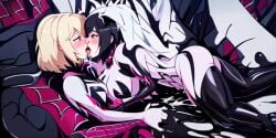 2girls ai_generated bodysuit female female_only gwen_stacy latex marvel multiple_girls peni_parker spider-man_(series) yuri