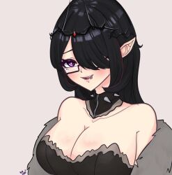 1girls big_breasts black_hair blush breasts cleavage clothed_female elara_(vtuber) elf elf_ears glasses indie_virtual_youtuber purple_eyes simple_background virtual_youtuber vtuber