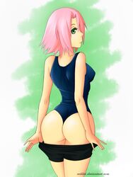 ass big_ass big_breasts breasts evildei female green_eyes human looking_at_viewer looking_behind naruto naruto_shippuden one-piece_swimsuit pink_hair sakura_haruno