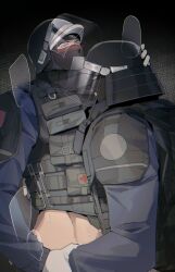 2boys adonis_belt anal balaclava blue_eyes blush blushing bulletproof_vest doc_(rainbow_six) ezekialali_rei face_mask gay hand_on_head helmet male_only mask masked masked_male montagne_(rainbow_six) muscular muscular_male on_lap pants_down penis_out police police_uniform rainbow_six_siege riding_penis sweat uniform v-line vest visor visor_helmet yaoi