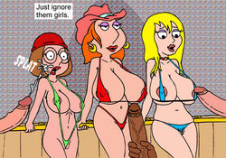 3girls alternate_breast_size areola between_labia bikini bimbo breasts busty cleavage cowboy_hat cum cum_on_face dark-skinned_male dark_skin eyeshadow family_guy female hoop_earrings huge_breasts human imminent_rape innie_pussy interracial jillian_russell-wilcox large_breasts lipstick lois_griffin makeup male meg_griffin milf mother_and_daughter nipples penis sbb sling_bikini straight uncensored unseen_male_face voluptuous